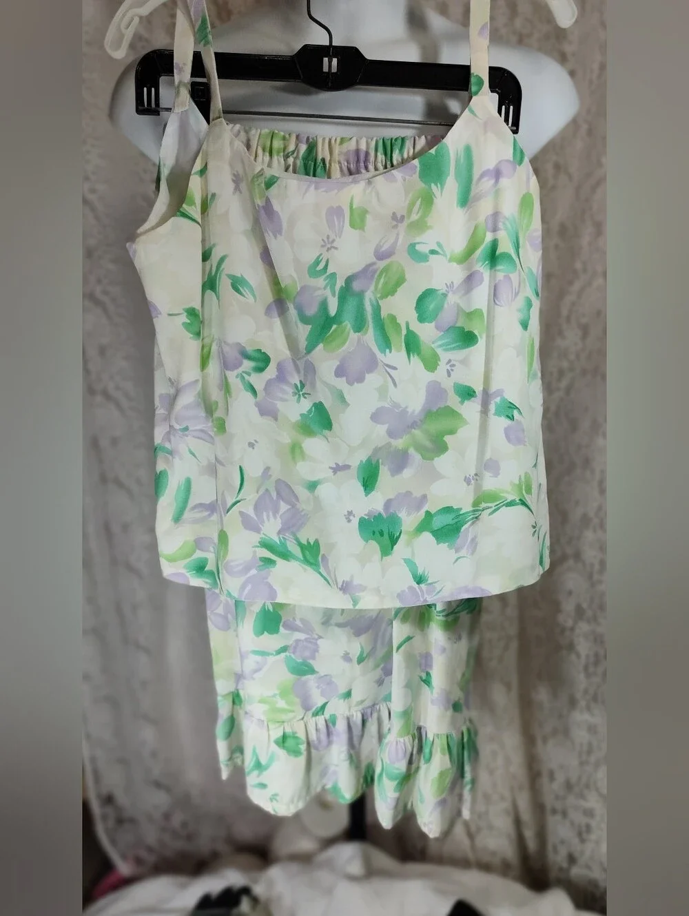 Floral Print Women's Cami Top and Shorts Set - Pastel Green & Lilac